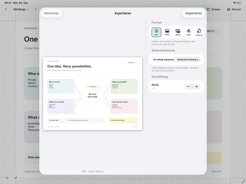 GoatNotes on iPad – Export: Diagramme als PDF, PNG, SVG und mehr weitergeben – mit Vorschau jeder Seite.