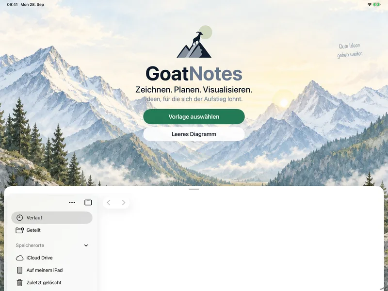 GoatNotes on iPad – Deine Dokumente: Leer oder mit einer Vorlage beginnen, direkt neben deinen Dateien.